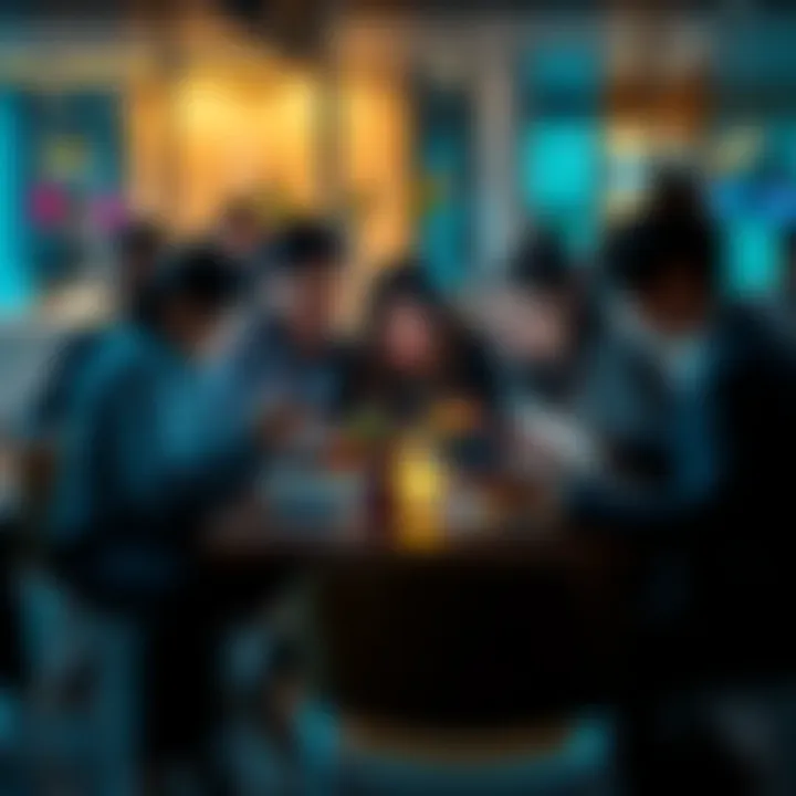 A group of friends using smartphones and tablets to communicate with each other while enjoying a meal together.