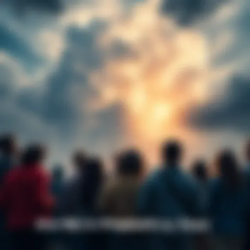 A group of diverse people standing together, gazing thoughtfully at a cloudy sky, symbolizing concern and hope for the future.