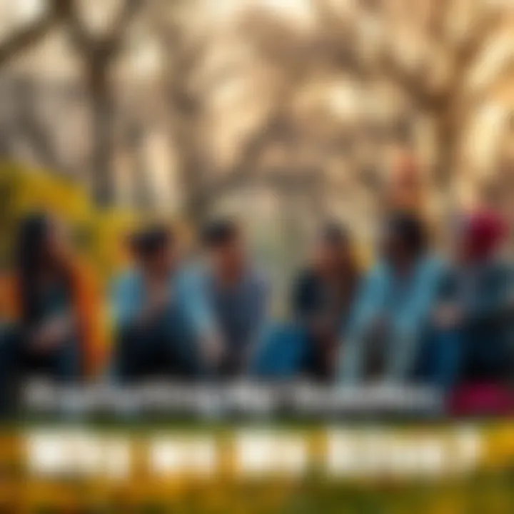 A diverse group of people sitting together in a park, discussing the meaning of life and existence, with thoughtful expressions