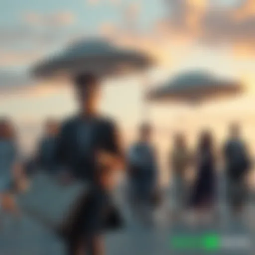 Ordinary people going to work while a spaceship hovers in the sky, showing the contrast of daily life and extraterrestrial presence.