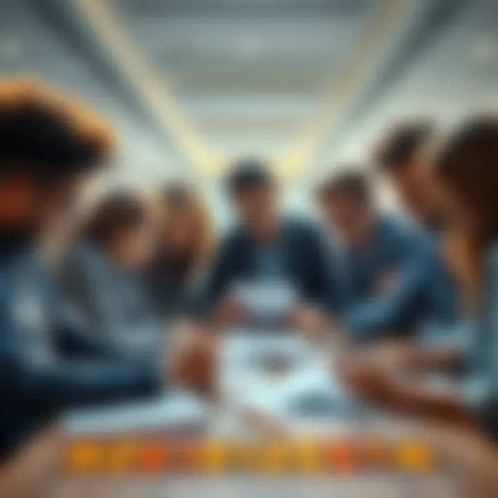 A group of people gathered around a table, looking at papers and discussing how to decode messages together.