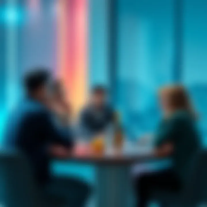A group of people sitting at a table, engaging in a conversation about AI, showing expressions of confusion and skepticism towards technology.