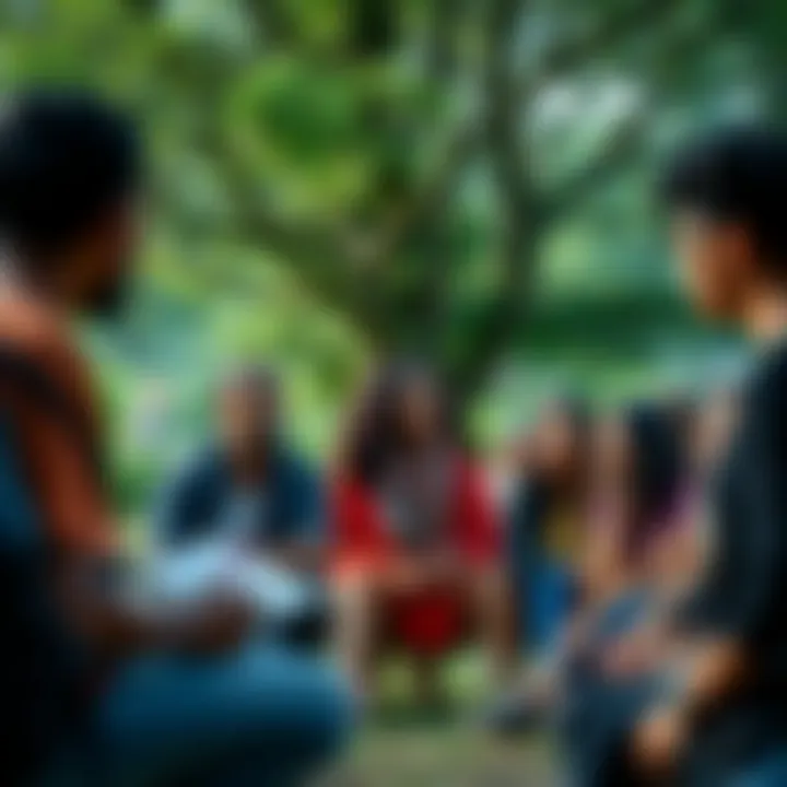 A group of diverse people engaged in a conversation about their beliefs in a park, surrounded by nature.