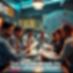 A group of people gathered around a table, looking at papers and discussing complex information.