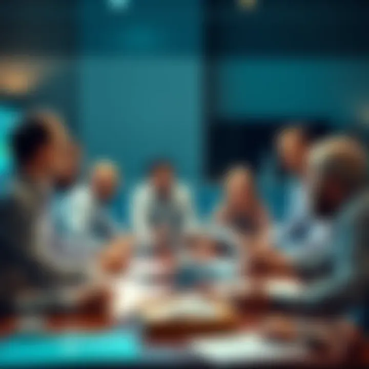 A group of people engaged in an animated discussion about conspiracy theories, with papers and laptops on a table.