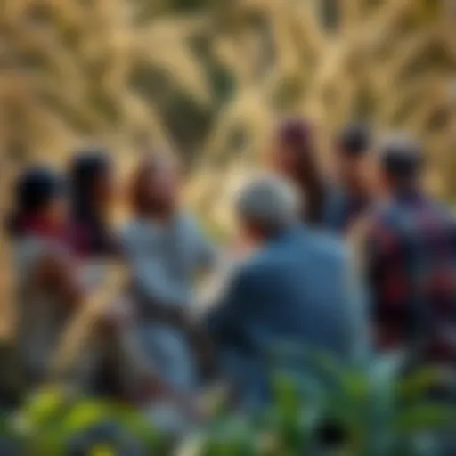 A group of individuals sitting in a circle, sharing their experiences about guilt in pagan faith, surrounded by nature with plants in the background.