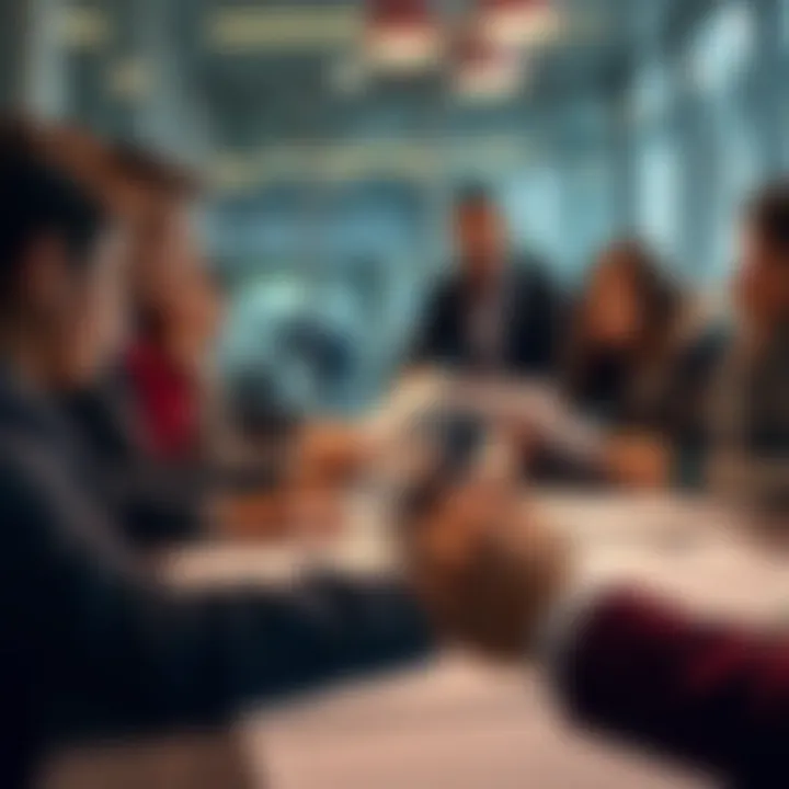 A group of people engaged in a serious discussion about personal identities and investigations, with papers and laptops on the table.