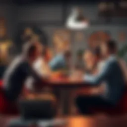 People discussing money habits A group of people around a table talking about their financial habits and opinions on spending and saving.