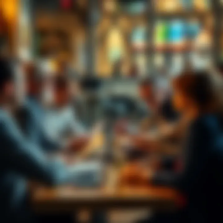 A group of people in a café discussing the Strawman Theory passionately, with papers and laptops open.