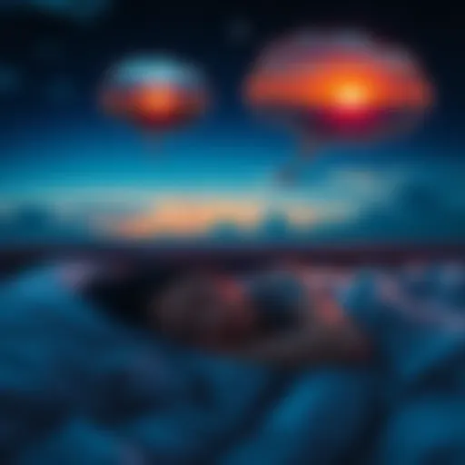 A peaceful scene of a person sleeping in bed, with thought bubbles showing dream images of future events, like a sunrise or a celebration.