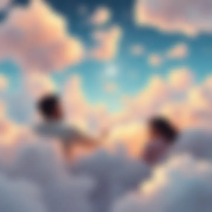people dreaming together A serene scene depicting people in a dream state, connecting in a shared dream environment filled with whimsical clouds and soft colors.
