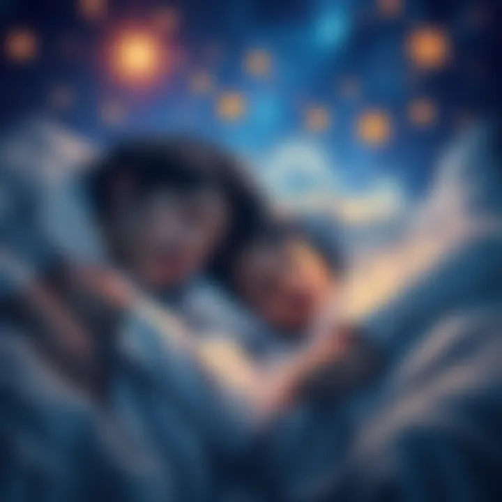 Two people sleeping peacefully, connected by dream imagery like stars and clouds, symbolizing emotional ties through dreams.
