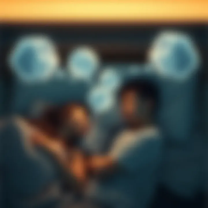 People Dreaming Together Two people sleeping side by side, with dream bubbles connecting them, symbolizing shared dreams, in a soft, calming bedroom setting.