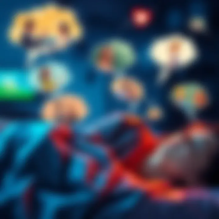 People dreaming about TV characters A person asleep with thought bubbles containing various TV characters, showing a connection to media and dreams.