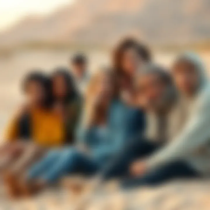 A group of diverse people sitting in a sandy area, playfully eating sand, with surprised and puzzled expressions.