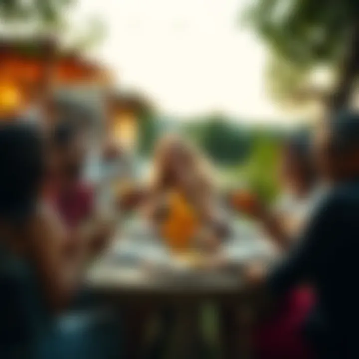 Group of people laughing and sharing a meal outdoors, celebrating life in a relaxed atmosphere