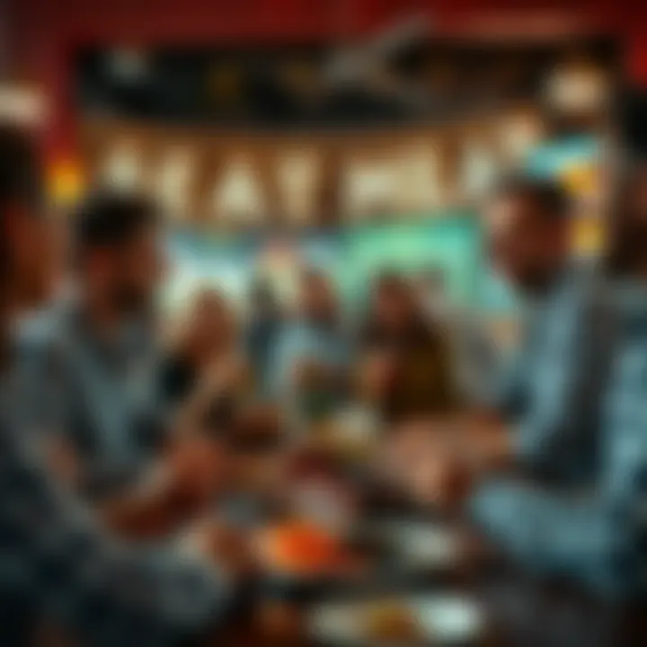 A group of people seated at a table, sharing a plate of grilled meat, discussing their thoughts on eating meat and animal ethics.