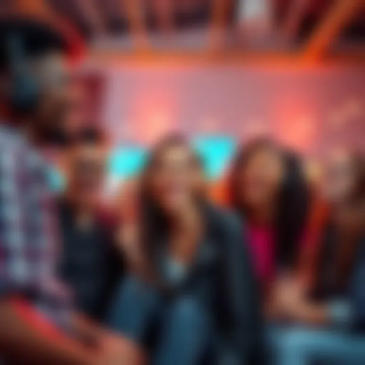 Group of people enjoying music together A diverse group of friends sharing their favorite music tracks, smiling and listening to different genres in a lively setting.