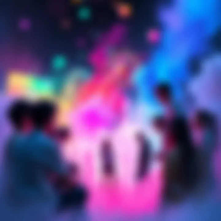 A group of individuals gathered, discussing their experiences of shifting and respawning, surrounded by vibrant colors that represent different realities.