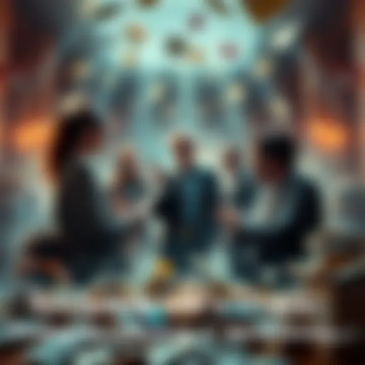 A group of people discussing solutions while surrounded by chaotic elements like papers and clutter