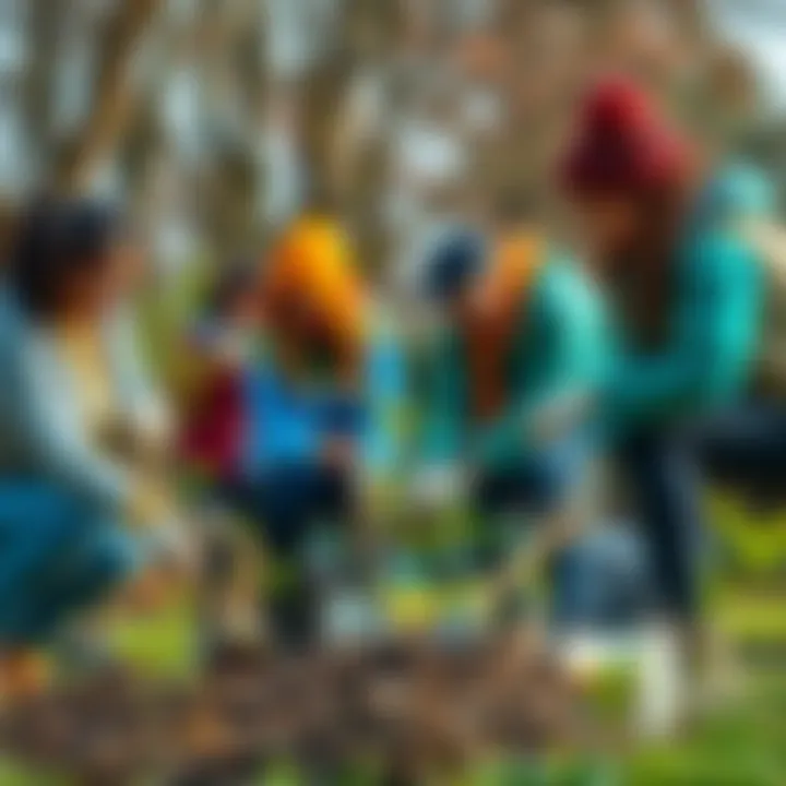A group of diverse people engaging in community service, planting trees and cleaning up a park, illustrating small actions that lead to major societal change.