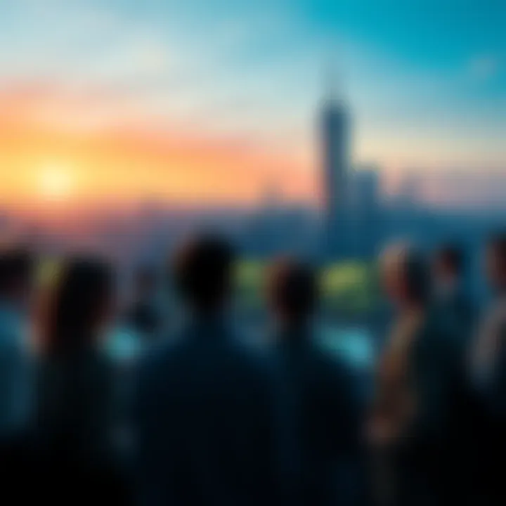 A group of people looking at climate data on screens but appearing indifferent, with a cityscape in the background.