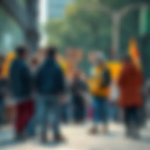 A group of people casually chatting while ignoring a protest about important social issues in the background.