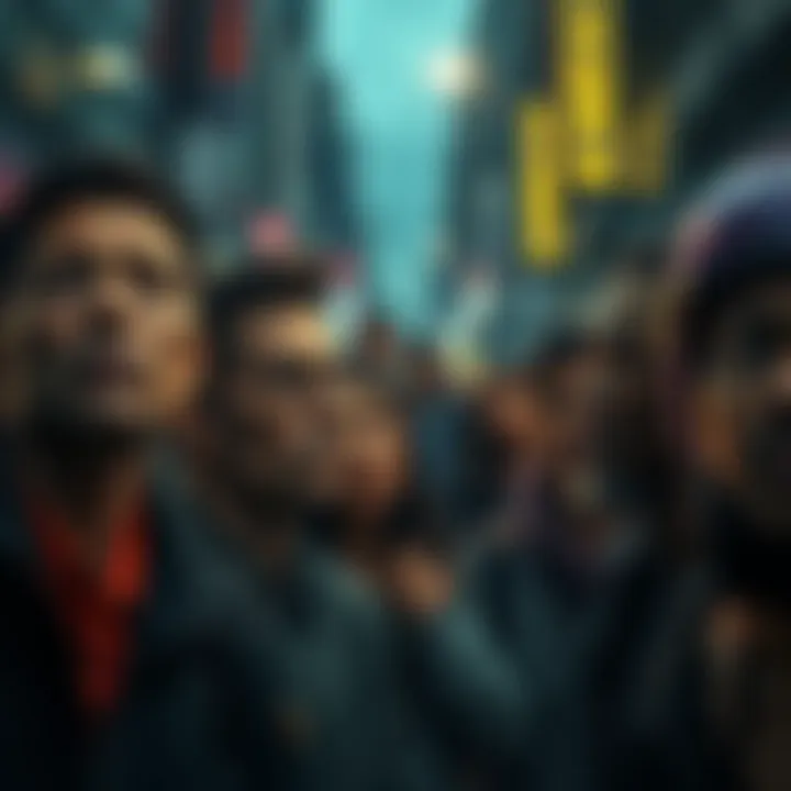 A group of concerned individuals looking worried and alert in a dark urban setting, symbolizing the threat faced by innocents today.