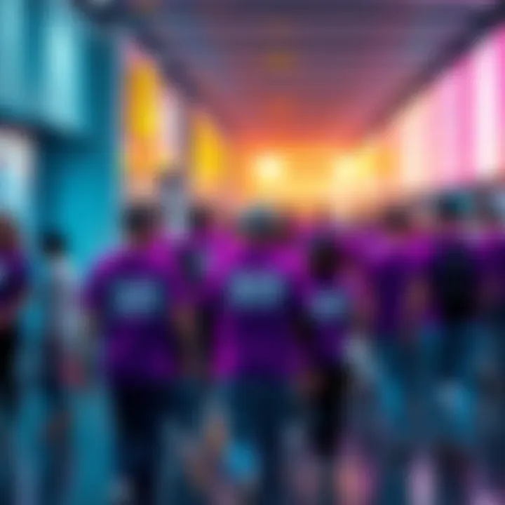 A group of people wearing purple shirts walking together, with some displaying the number 369 on their clothing.