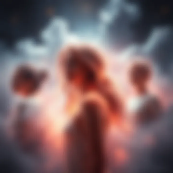 A depiction of individuals in a glowing spirit realm, each maintaining their earthly appearance, surrounded by soft light and ethereal clouds.