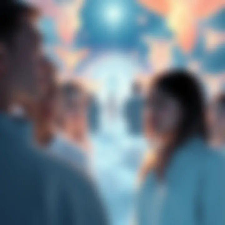 People in the Afterlife An illustration of various individuals appearing as glowing figures in a serene, ethereal environment, symbolizing the afterlife based on near-death experiences.