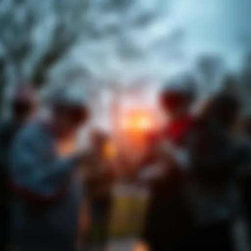 A group of people standing in a park, looking at their phones with blank expressions, reflecting a shift in social engagement post-COVID