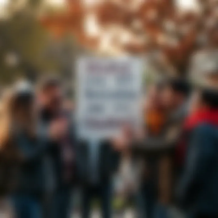 A group of people sharing a laugh while pointing at a funny sign with absurd writing on it in a park.