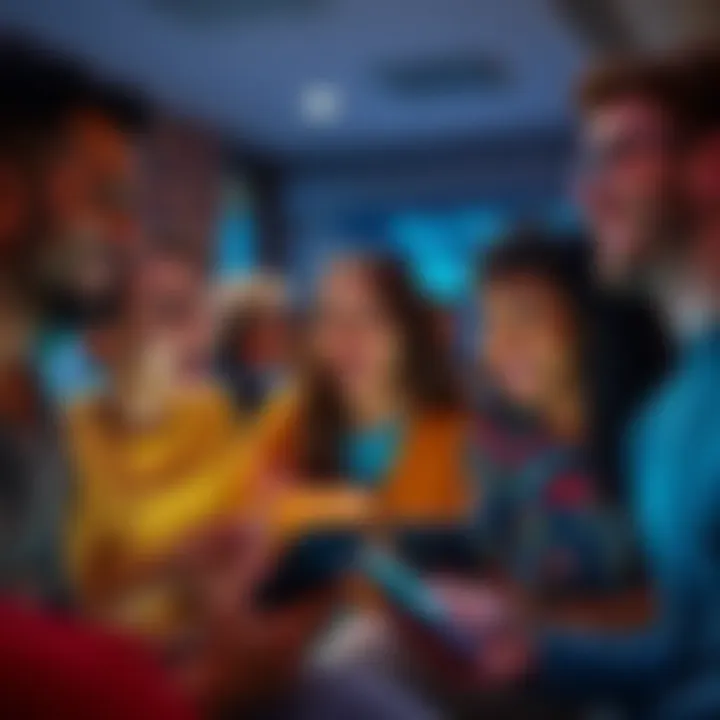 A group of diverse people sharing laughter while interacting on their devices in a fun online forum