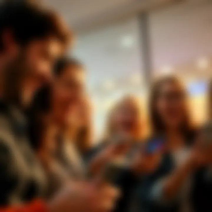People laughing with smartphones A group of friends laughing while looking at their smartphones, reflecting the impact of 'LOL' in digital communication