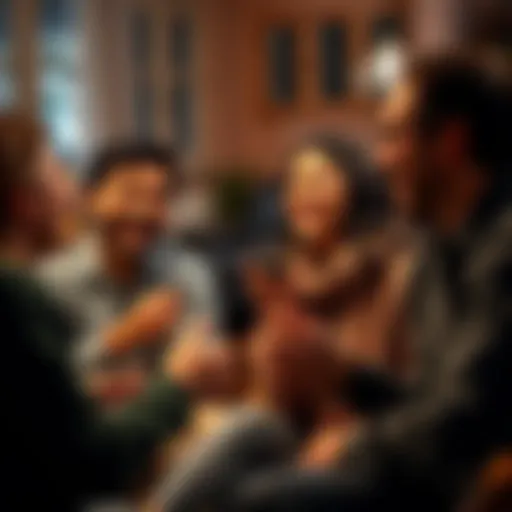 A group of friends laughing and enjoying each other's company in a cozy setting