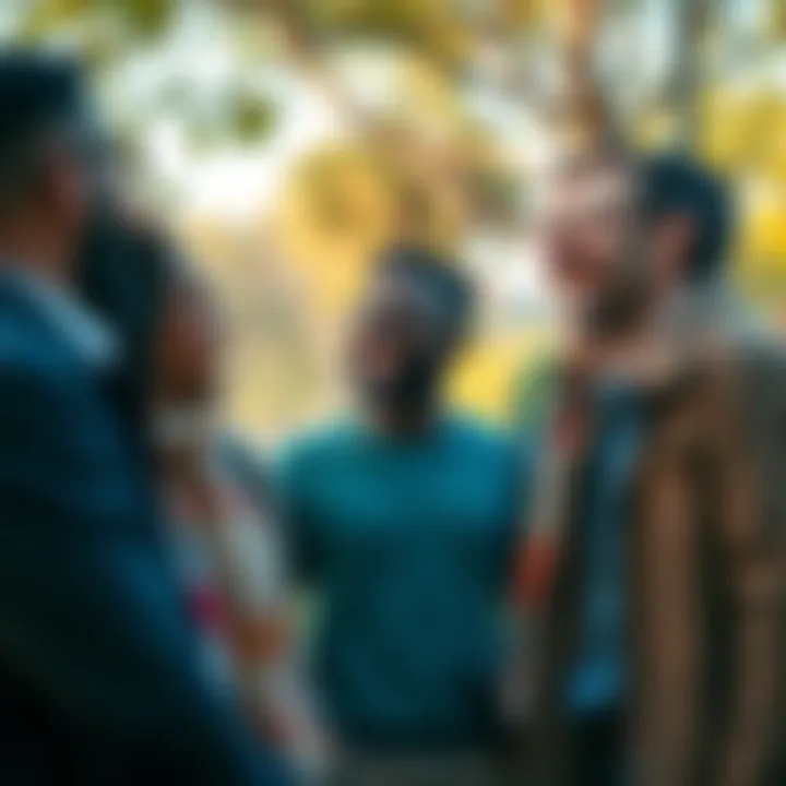 A group of diverse people laughing and sharing thoughts in a park, representing the joy of discussing life's meaning.