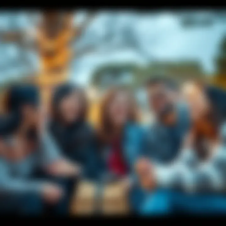 A group of friends laughing and enjoying a light-hearted moment in a park.