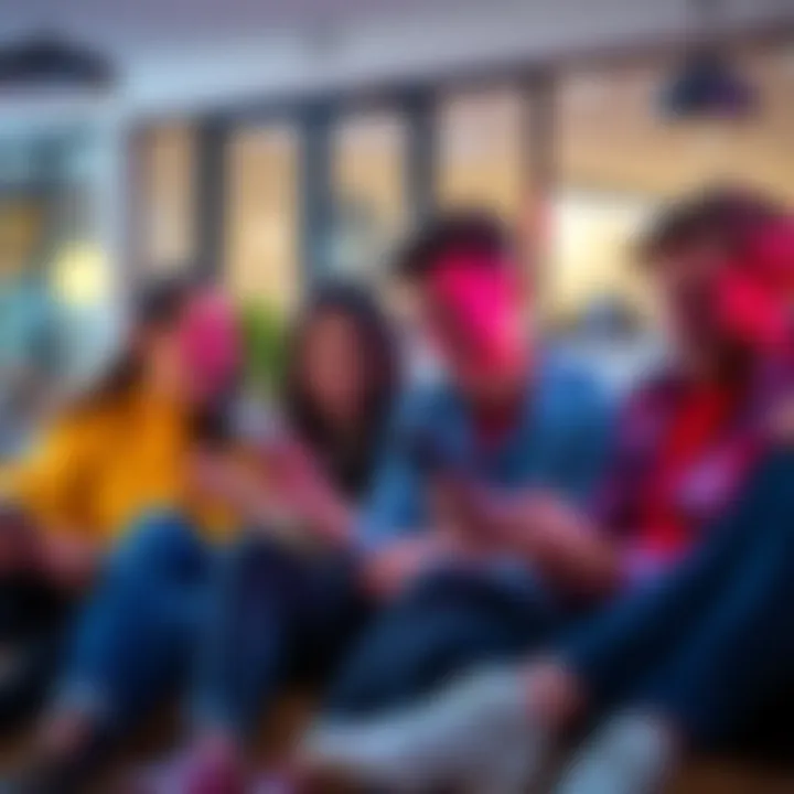 People laughing at viral posts A group of friends sitting together, laughing while looking at their phones, sharing humorous viral posts on social media