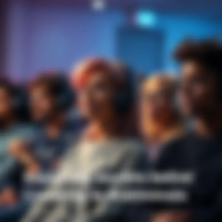 A group of individuals comfortably listening to subliminal messages on headphones, showing expressions of calmness and thoughtfulness.