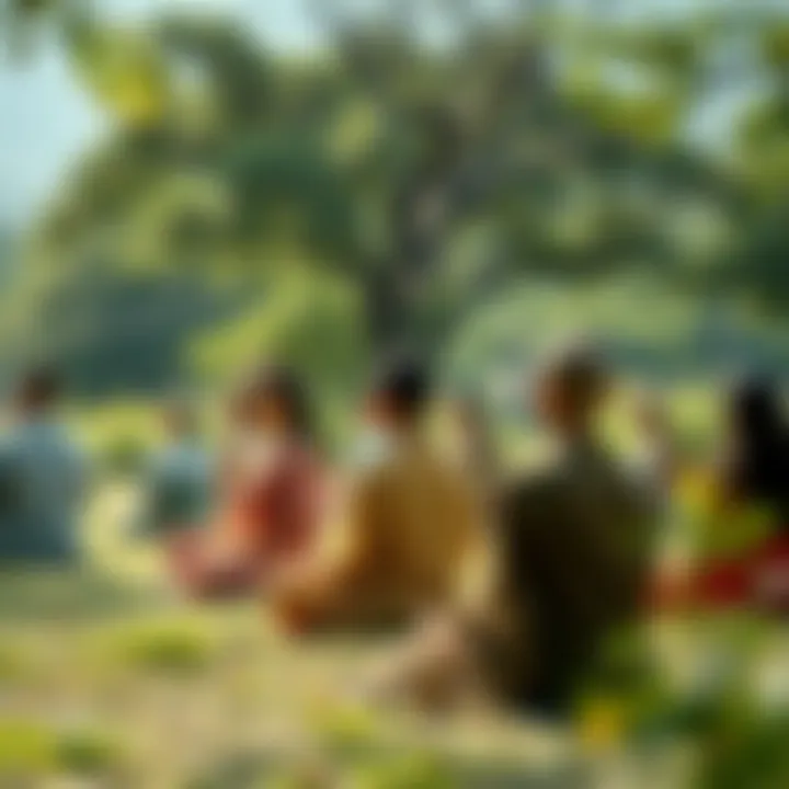 A group of individuals peacefully meditating in a tranquil outdoor setting, surrounded by nature.