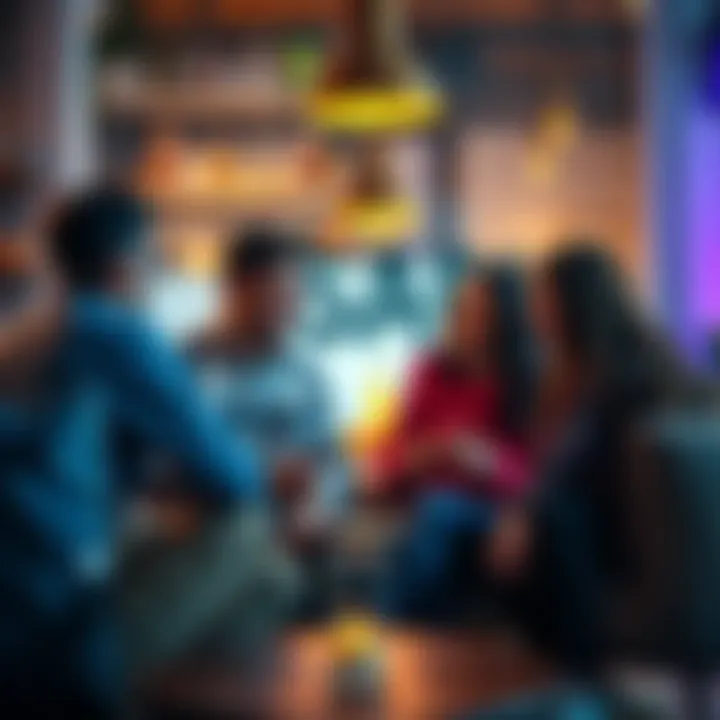 A group of friends gathered, sharing stories about past relationships, with visible connections among them.