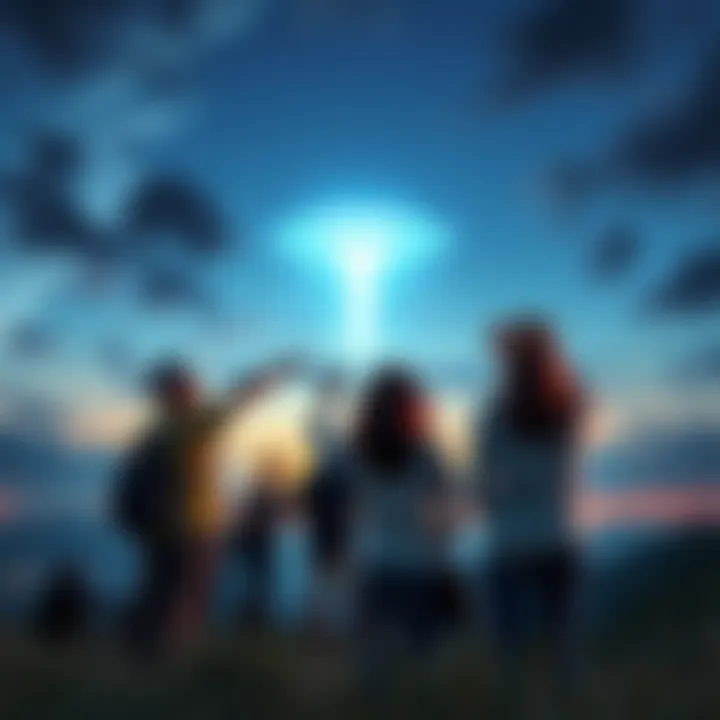 People observing an unexplained phenomenon A group of people watching a strange light in the sky at dusk, pointing and discussing among themselves.