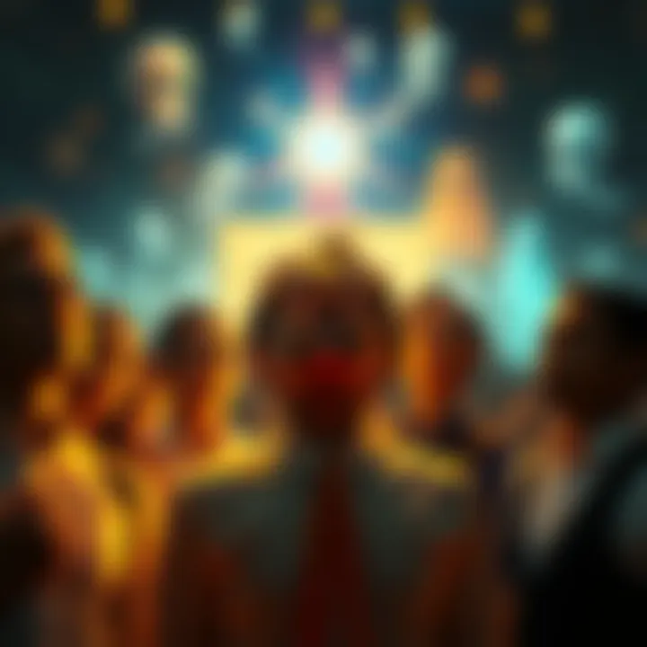 A diverse group of people looking amazed as they perceive spirits and ghosts around them in a vibrant setting.