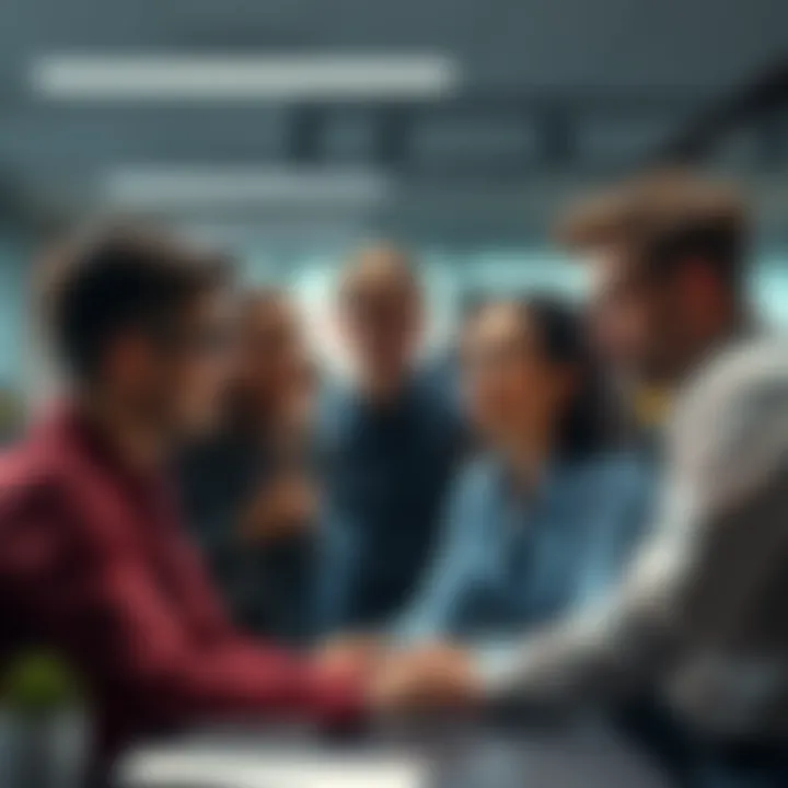 Group of people at an office showing signs of stress and mental fog, discussing challenges they face