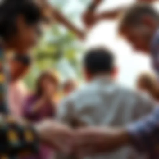 A diverse group of people in a circle, holding hands and praying outdoors, symbolizing community and faith.