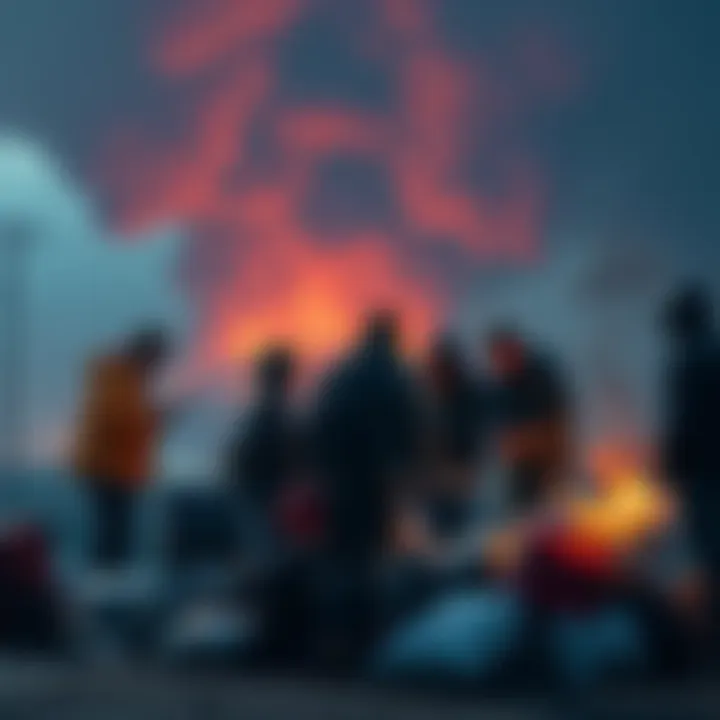 People Preparing for Challenges A group of people gathering supplies and discussing preparations for an impending tragedy.