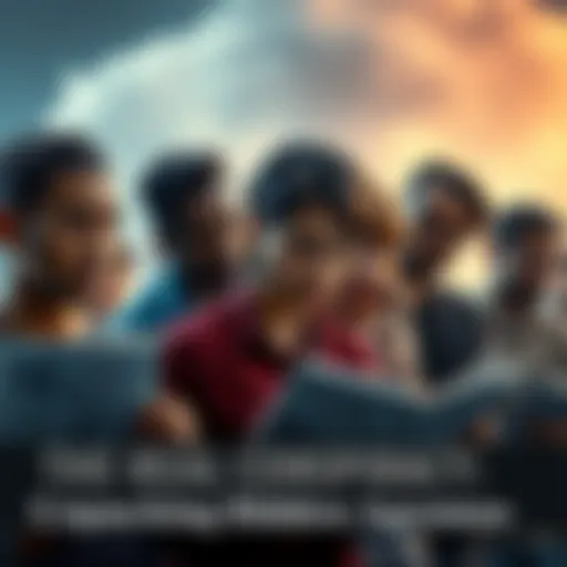 A group of diverse people looking concerned while reading news articles and discussing current events, symbolizing a search for truth in chaotic times.