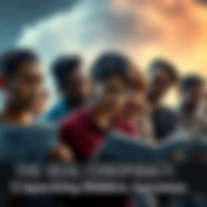 A group of diverse people looking concerned while reading news articles and discussing current events, symbolizing a search for truth in chaotic times.