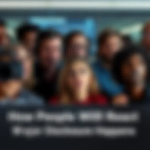 A diverse group of people showing various emotions like excitement, fear, and confusion while watching a news broadcast about a major disclosure.